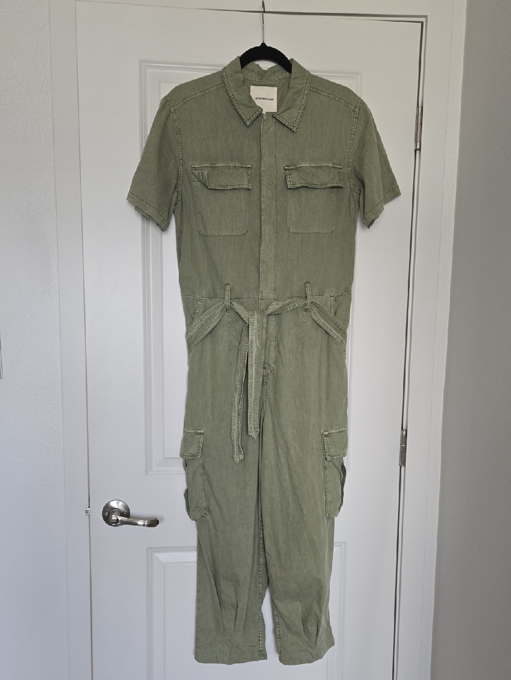Lucky Brand Army Green/Sage Button Short Sleeve Jumpsuit with Cargo Pockets